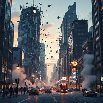 The primary subject of the image is a busy city street filled with traffic, including cars and buses. The setting is a bustling urban environment with tall buildings and a clock tower visible in the background. The visual style is a combination of photo and digital art, creating a dynamic and lively atmosphere. The colors and mood are predominantly dark, with the streetlights and vehicle lights providing some illumination.
